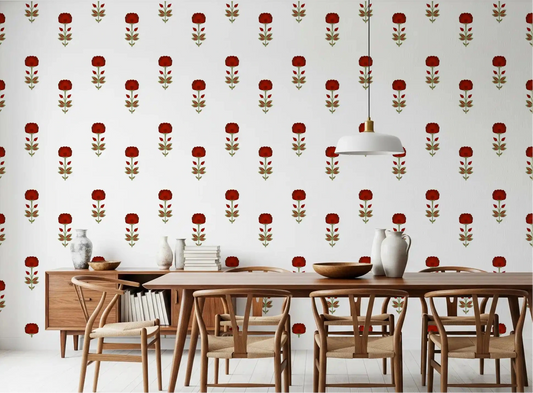 Red Mughal Blossom wallpaper in a dining room, warm red floral repeat GD10745
