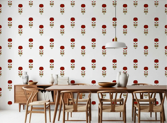 Red Mughal Blossom wallpaper in a dining room, warm red floral repeat GD10745
