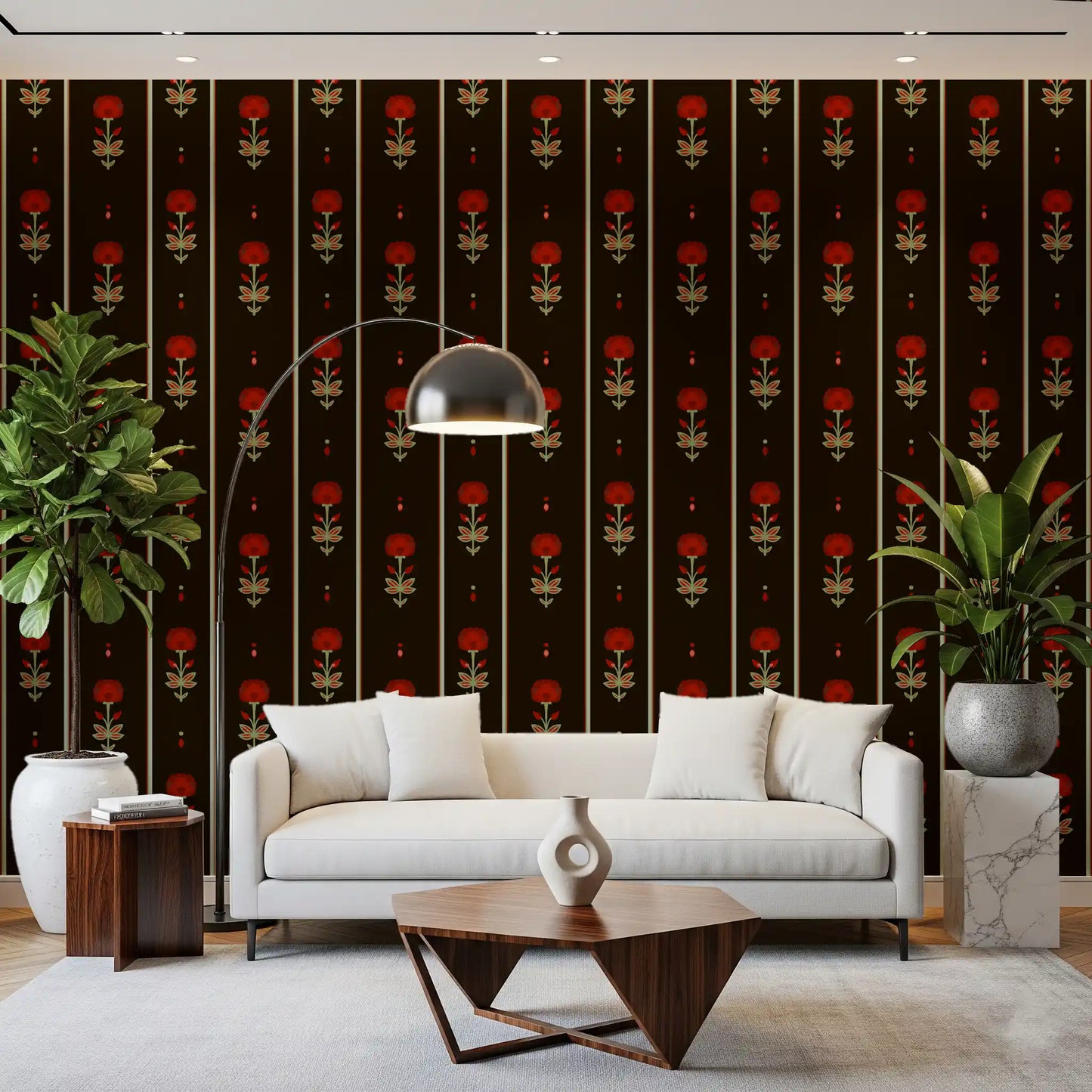 Crimson Folk Art Floral Stripe Wallpaper Wallpaper⁠