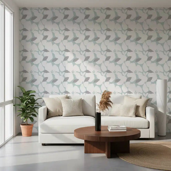 Pale Blue Pastel Bloom floral wallpaper in a living room, cool petal repeat GD10750