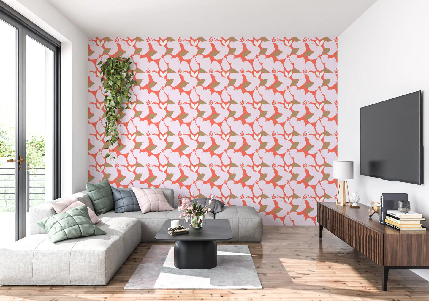 Retro Coral Abstract Floral Wallpaper Wallpaper⁠
