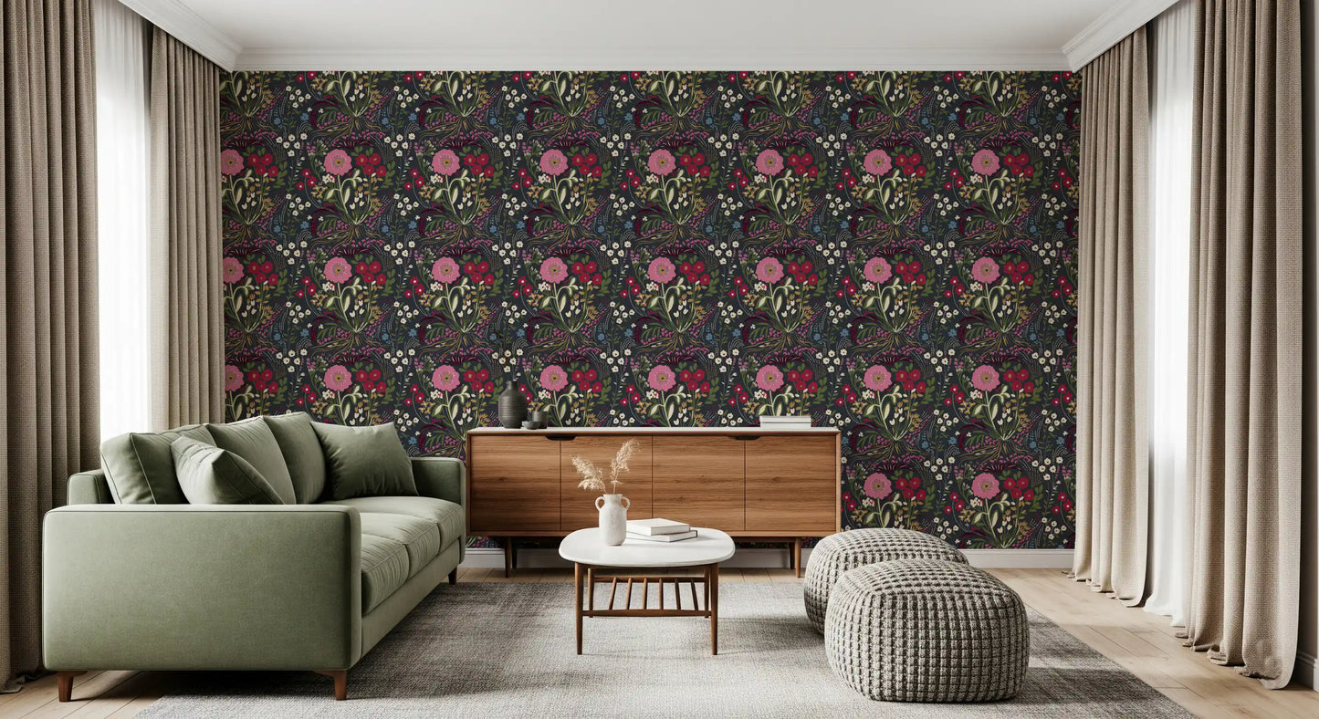 Enchanted Midnight Folk Floral Wallpaper Wallpaper⁠