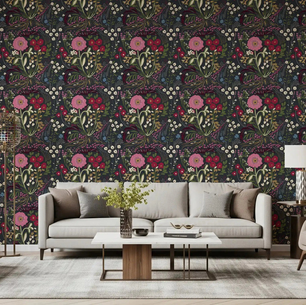 Enchanted Midnight Folk Floral Wallpaper set behind a calm Living room GD10753