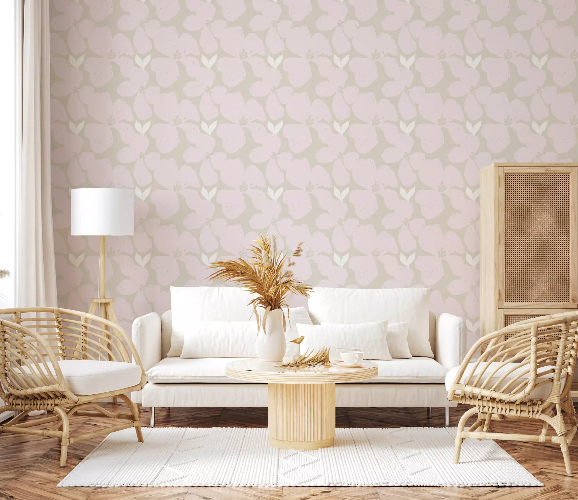 Living room warmed by the Serene Blush Blossom Floral Wallpaper in blush GD10754
