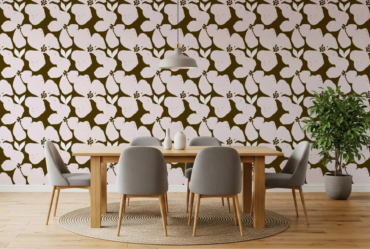 Earthy olive and blush florals fill a Dining room, Bold Floral wallpaper GD10756
