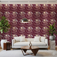 Midnight Wildflower Meadow on Red Wallpaper⁠