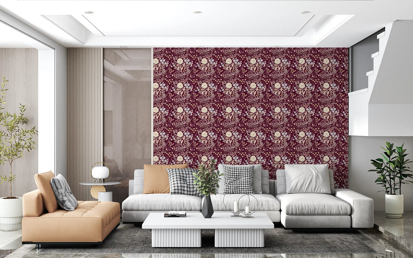 Midnight Wildflower Meadow on Red Wallpaper⁠