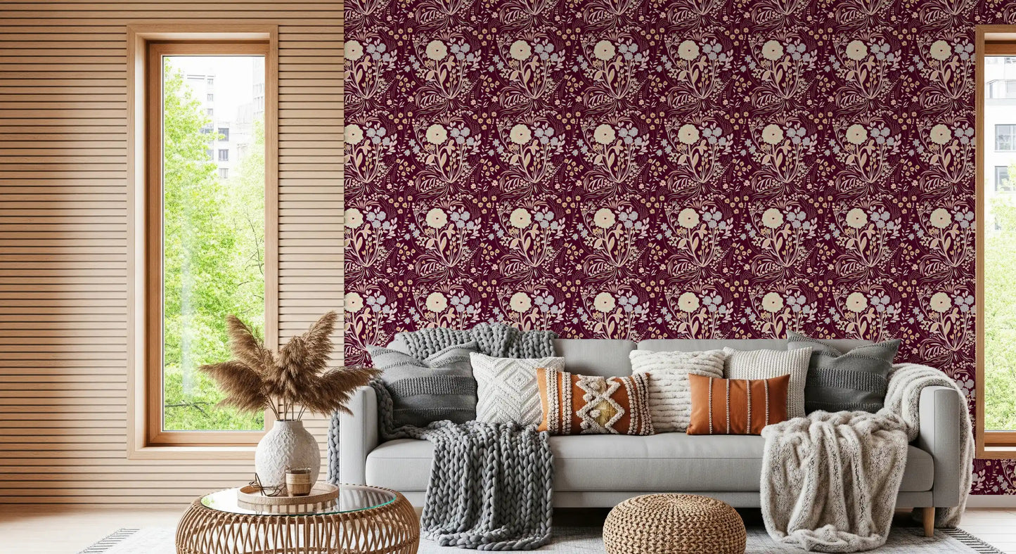 Midnight Wildflower Meadow on Red Wallpaper⁠