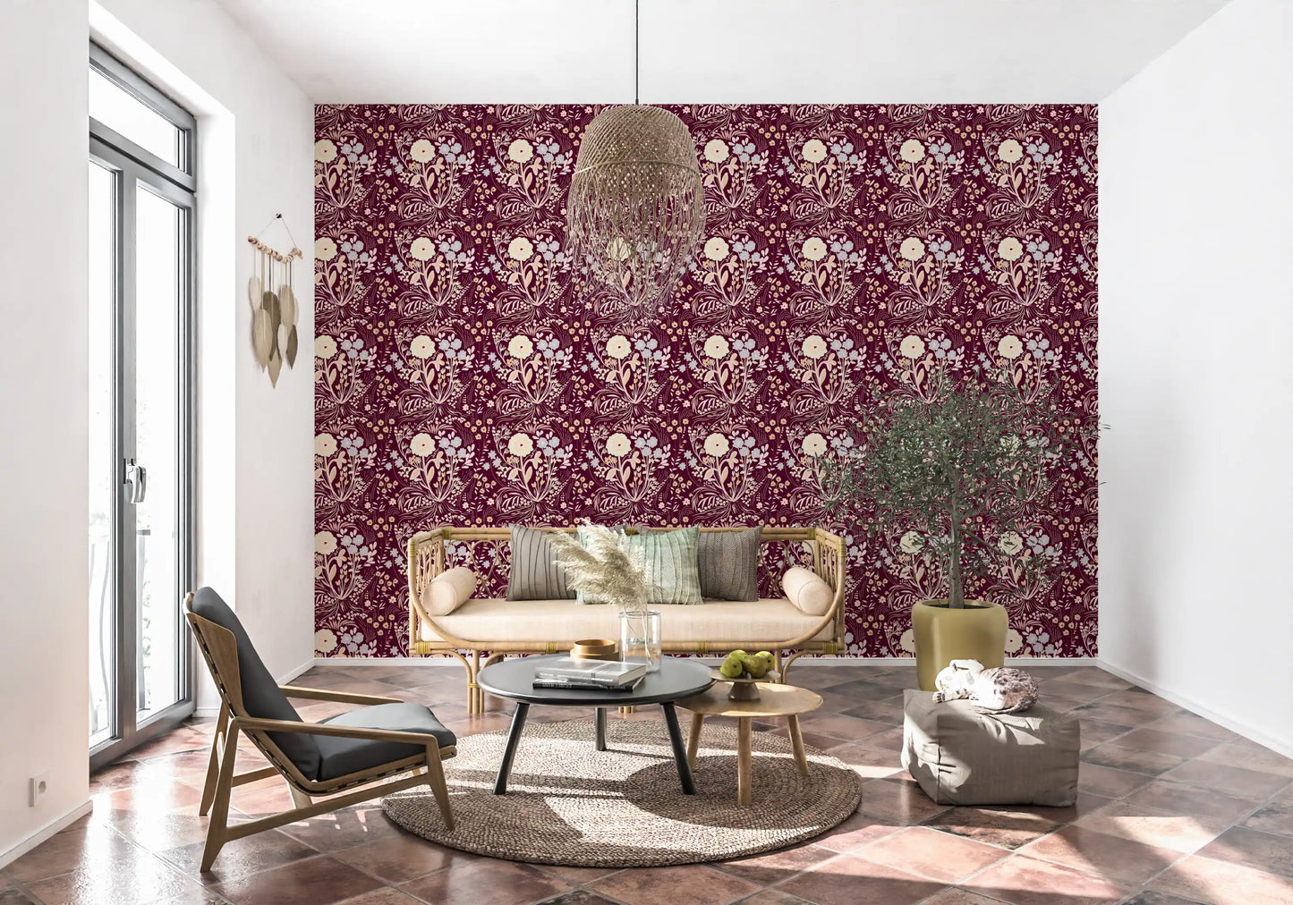 Midnight Wildflower Meadow on Red Wallpaper⁠