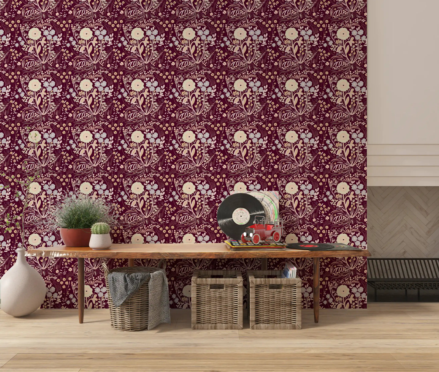 Midnight Wildflower Meadow on Red Wallpaper⁠
