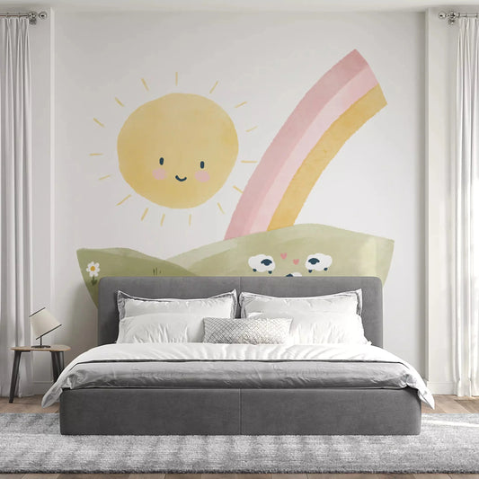 Sun, rainbow, and sheep filling a Bedroom  in this flock wall mural GD10761