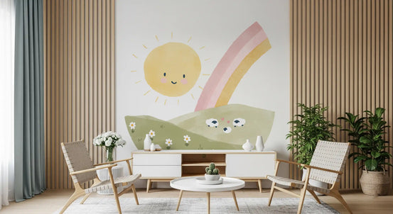 Welcome to the Flock wall mural giving a Living room a cheerful sunny scene GD10761