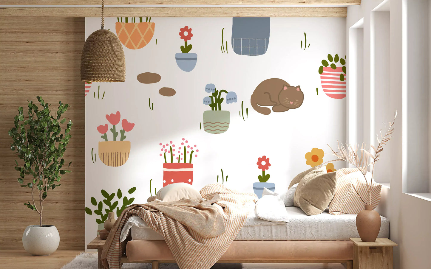 Sleeping Cats and Potted Plants Wallpaper Wall Mural
