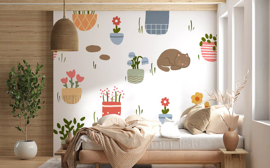 Sleeping Cats and Potted Plants Wallpaper Wall Mural