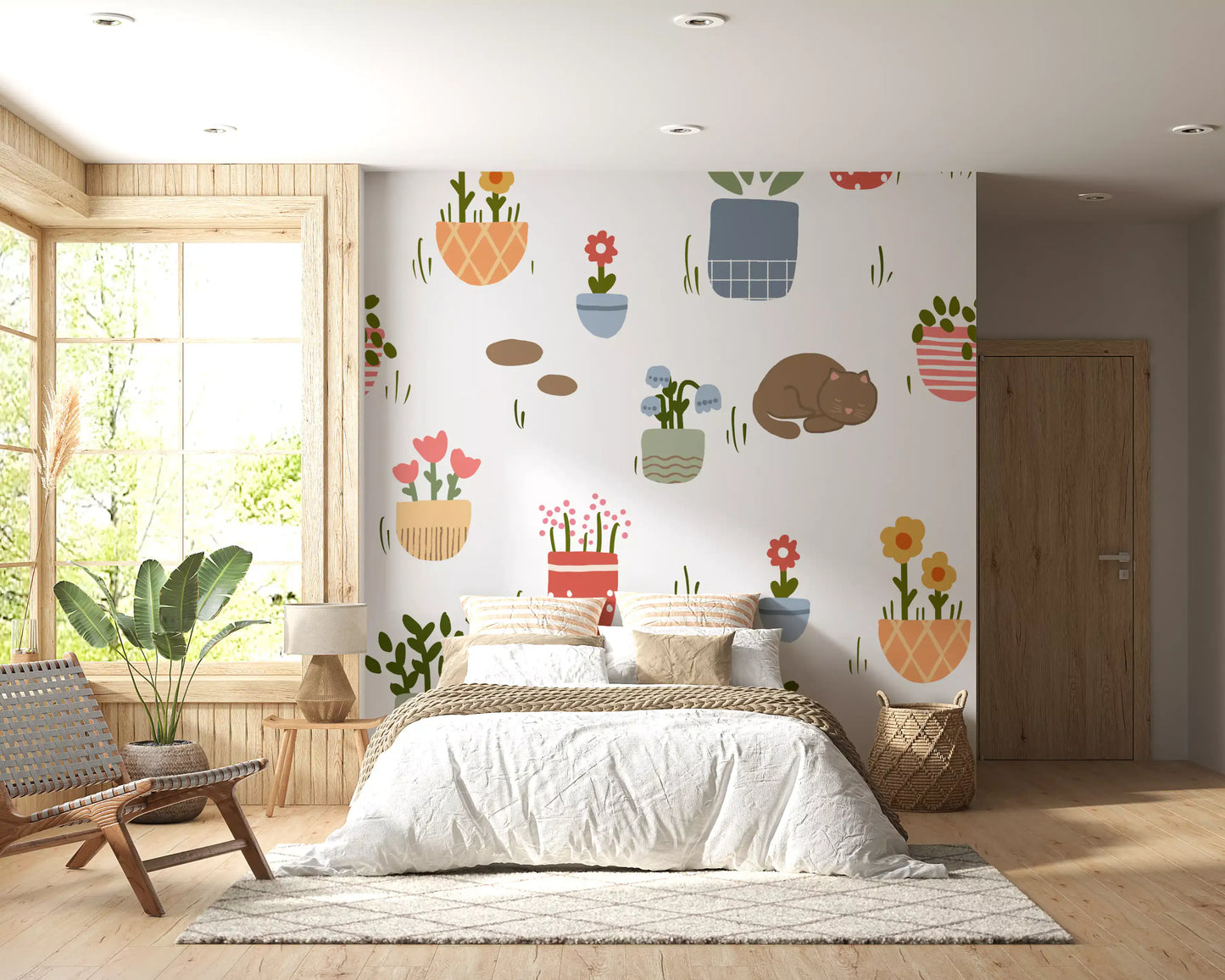 Cute Naptime Cats & Pot Plants Kids Wallpaper