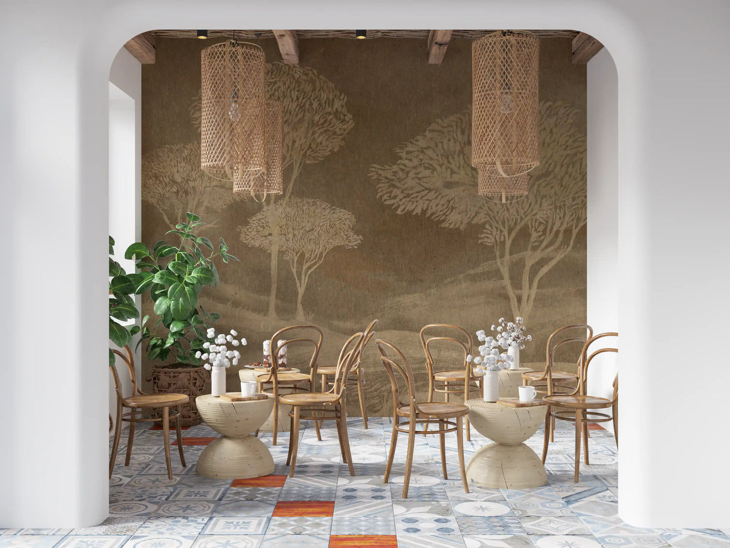 Rustic Sepia Hills Landscape Wallpaper Wall Mural