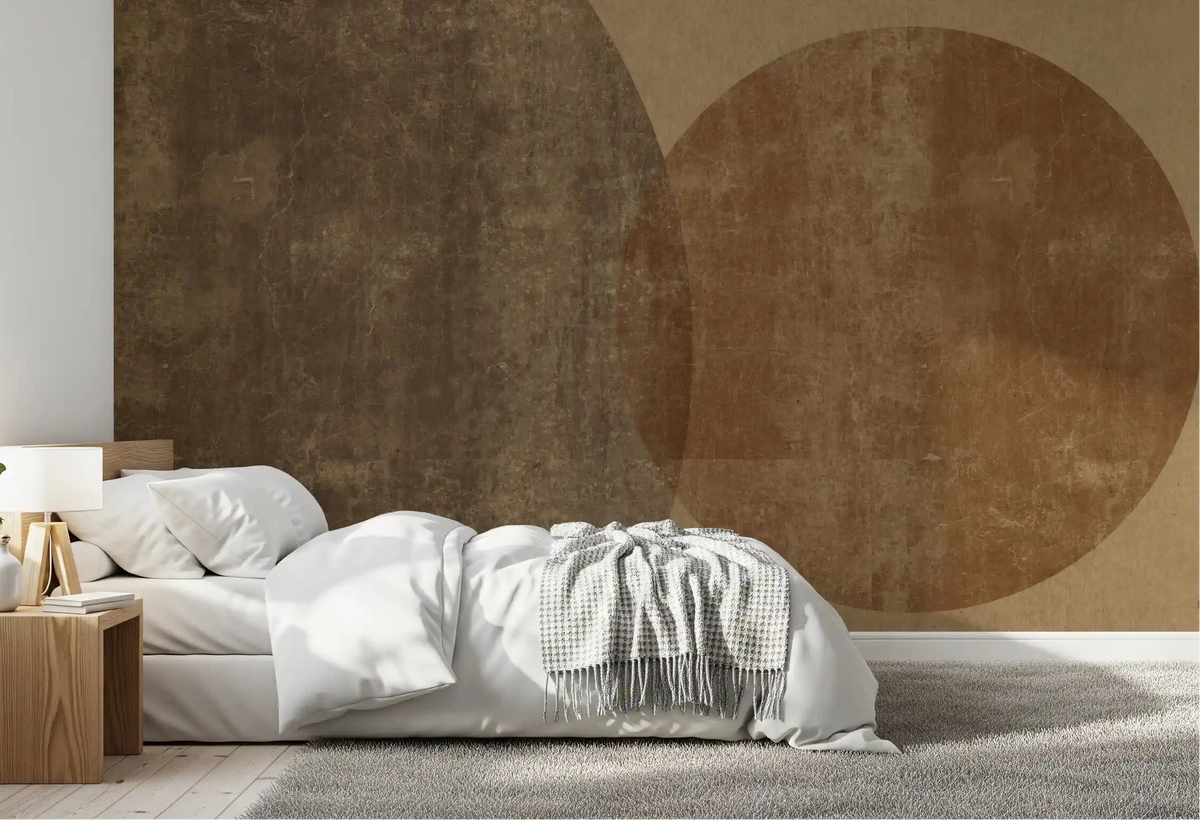 Earthy Geometrics Textured Circles wall mural framing a warm Bedroom, GD10769
