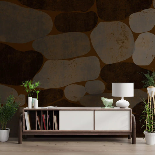 Textured cobblestone stone wall mural warming a hallway  GD10770
