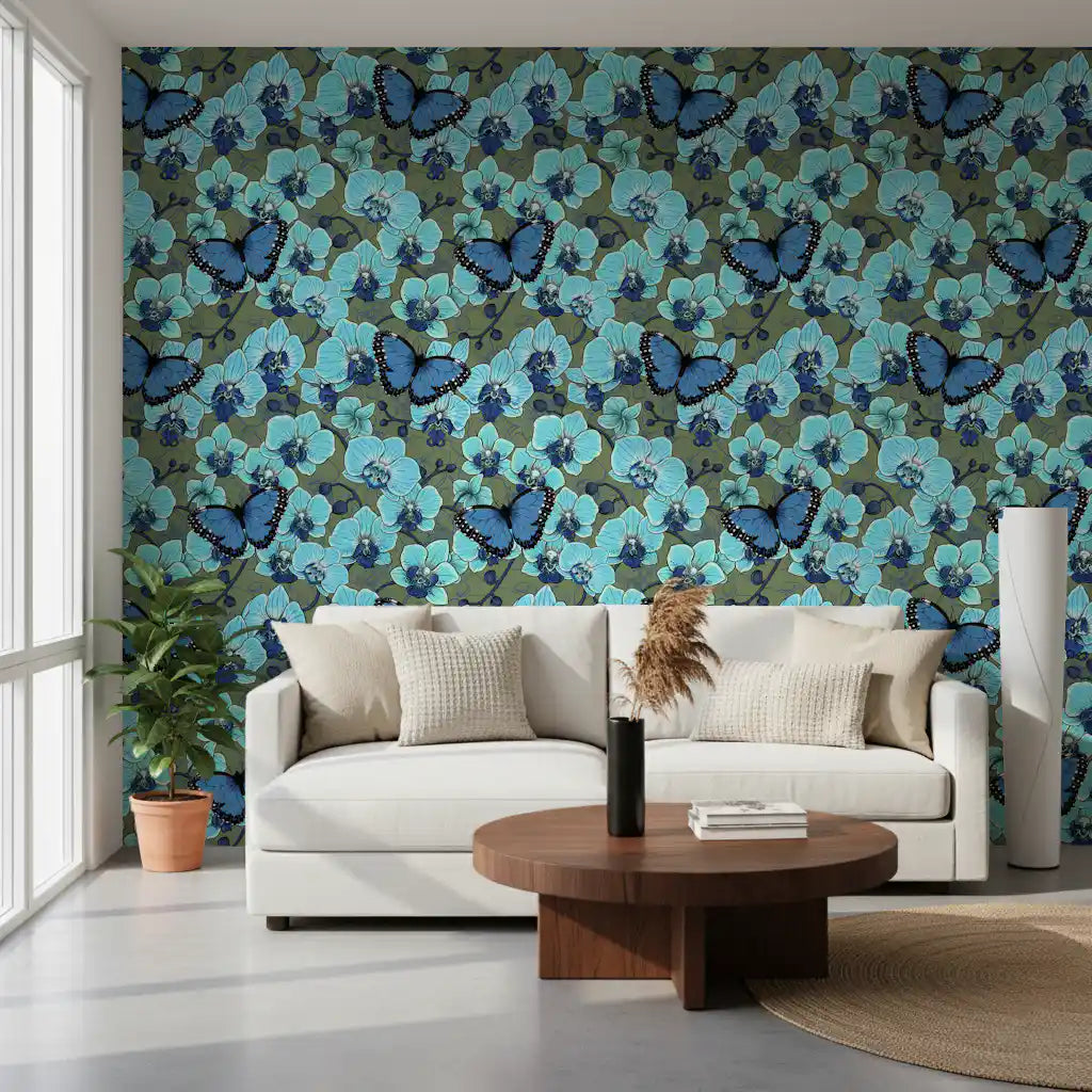 Botanical Orchid Garden wallpaper filling a lively living room, GD10774
