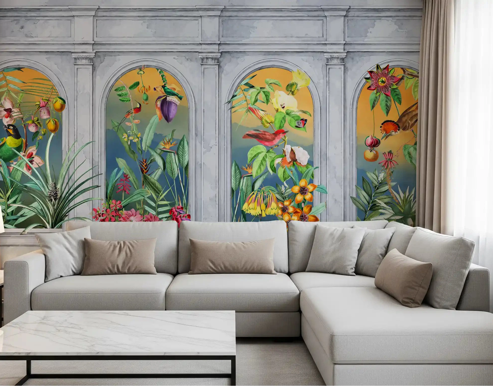 Vintage tropical colonnade wall mural spanning a living room GD10775
