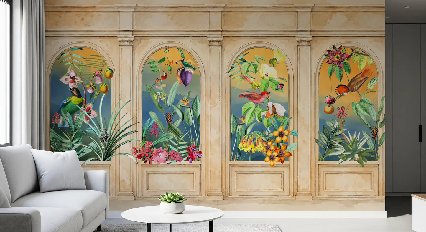 Vintage Archway Tropical Birds Mural Wall Mural