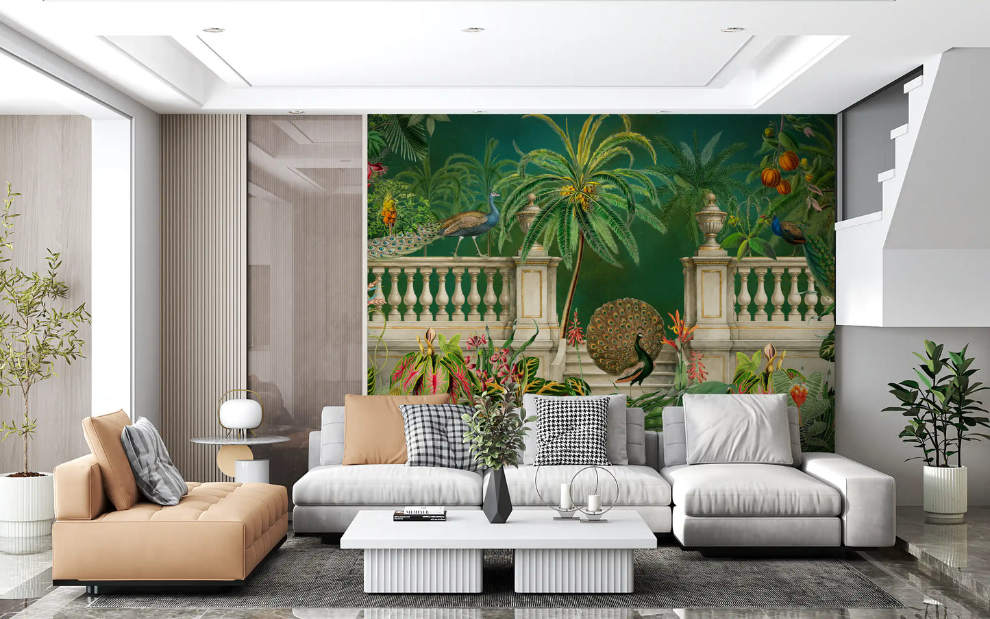 Majestic Peacock and Tropical Balustrade Wall Mural Wall Mural