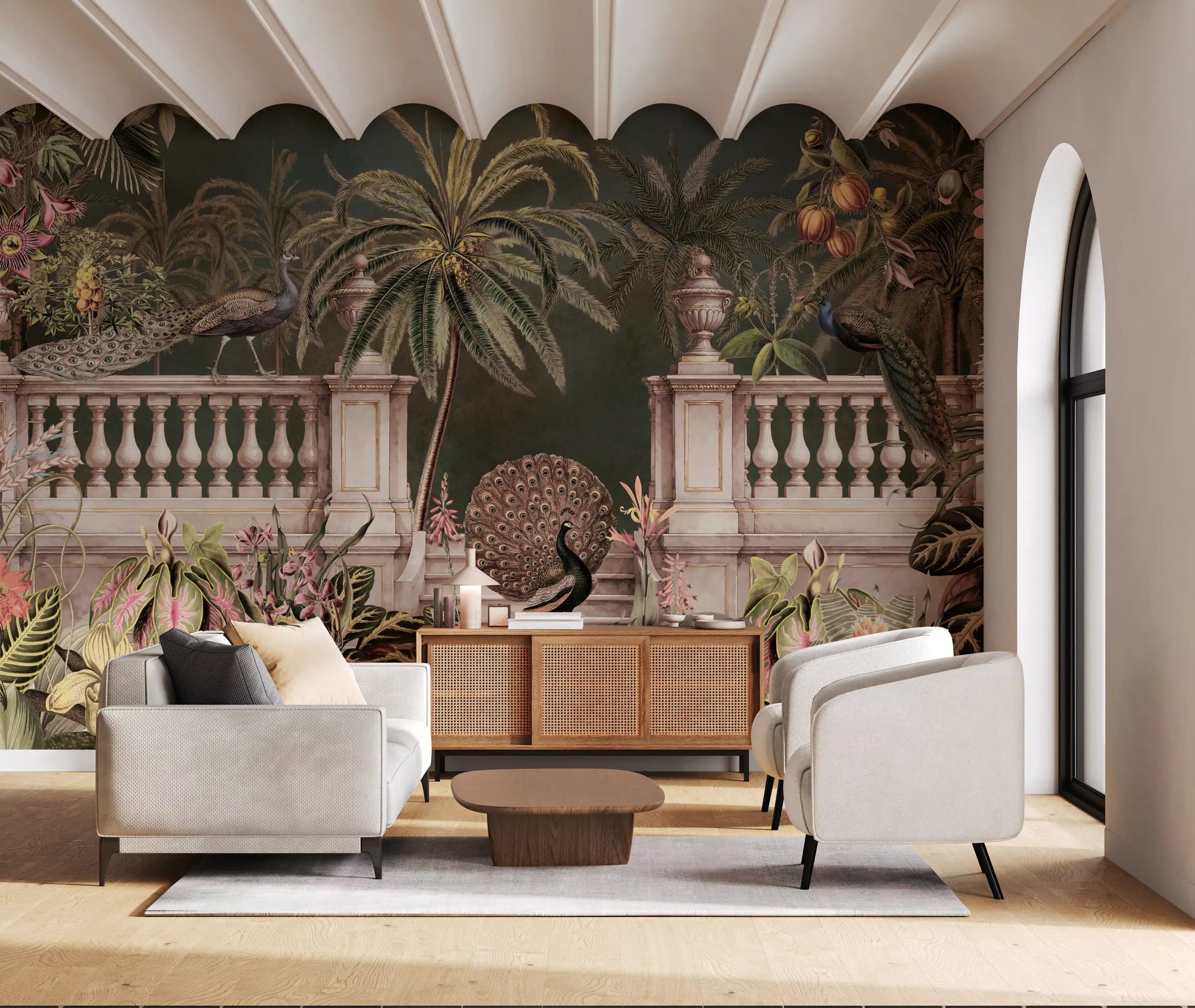 Majestic peacock regency wall mural spanning a living room GD10785
