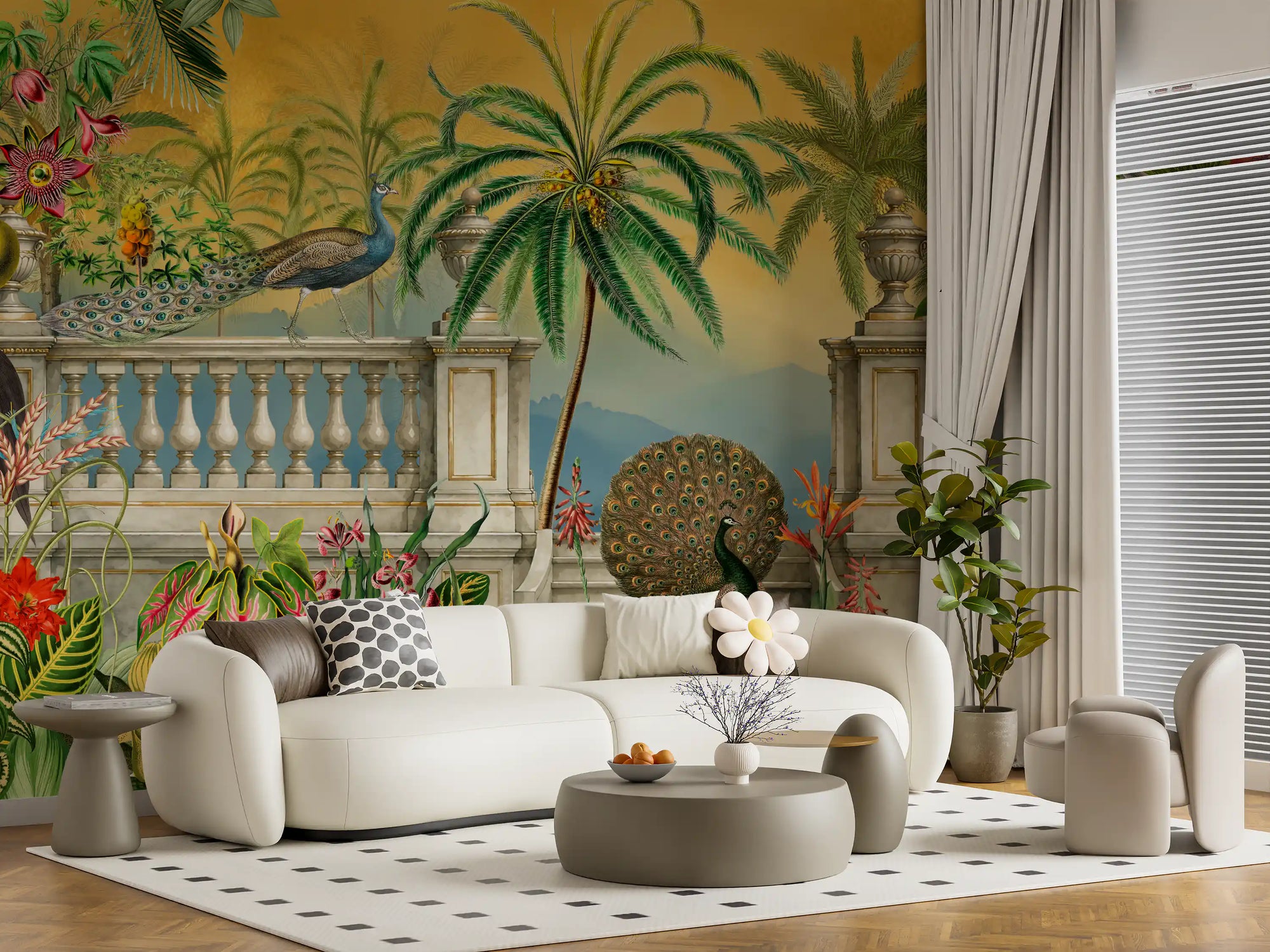 Imperial Peacock Terrace Tropical wall mural lighting up a living room GD10786
