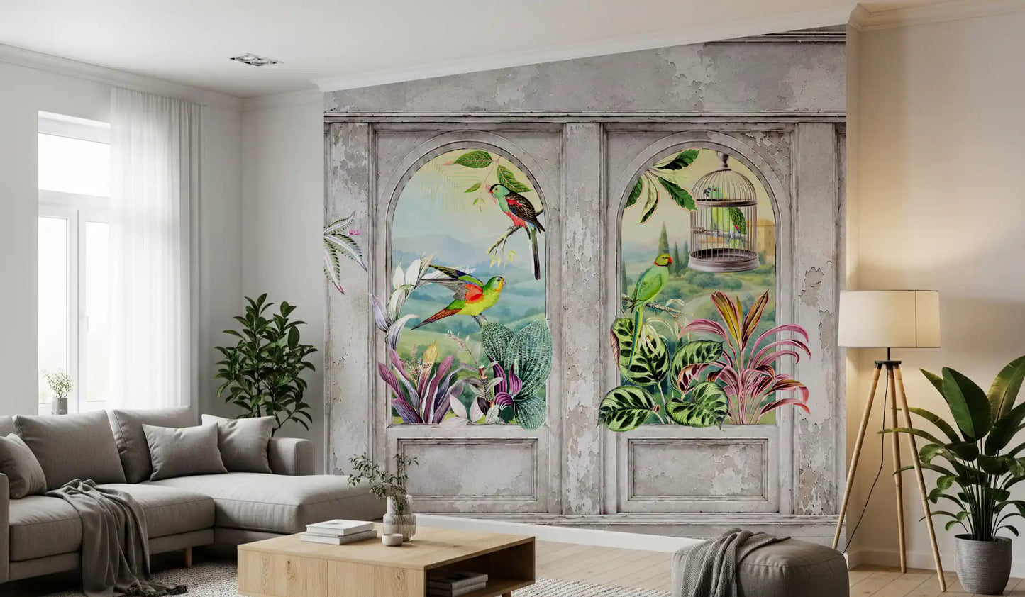 Vintage Archways and Tropical Birds Scenic Wallpaper Wall Mural