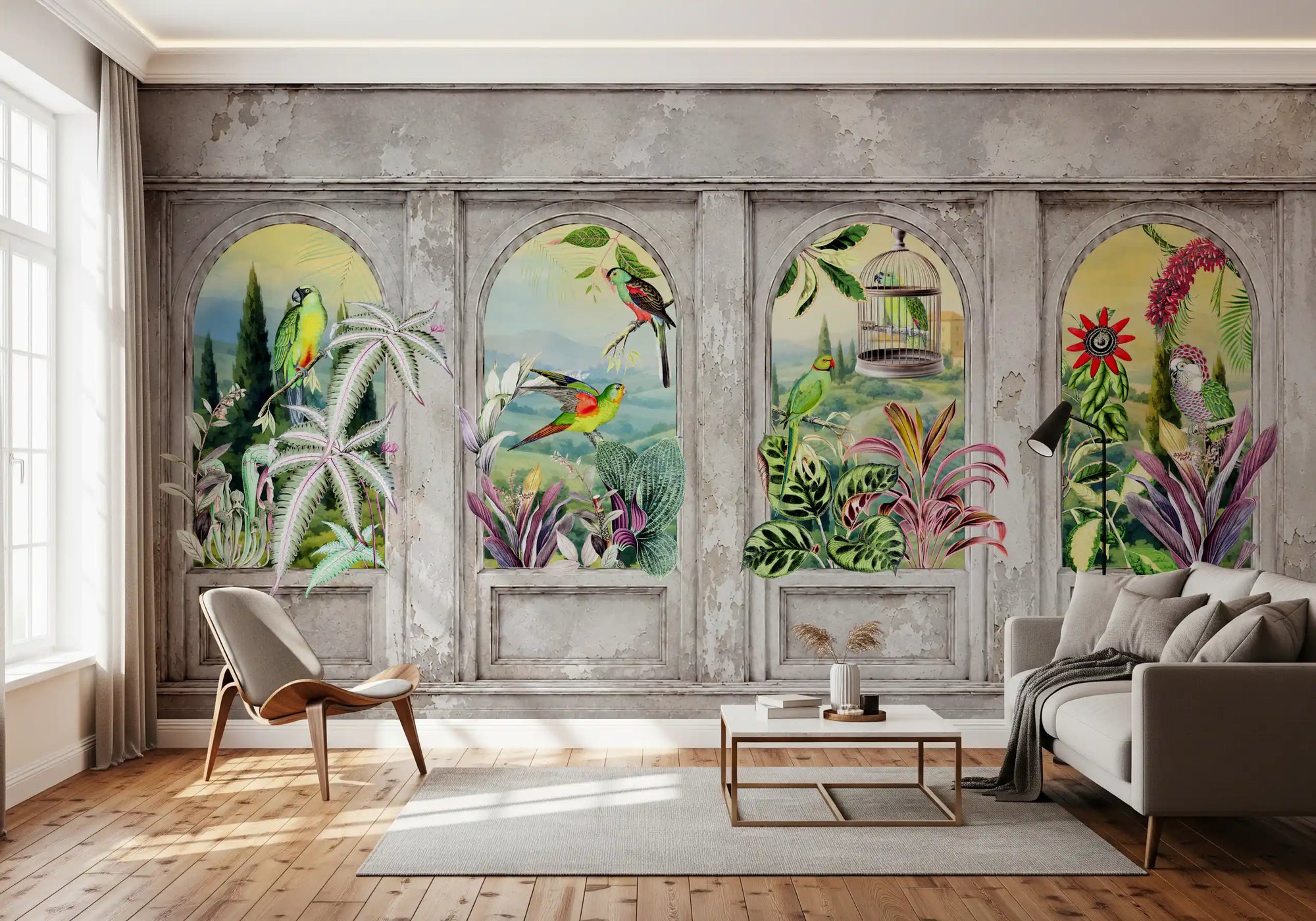 Vintage archways with tropical birds behind a living room, scenic wall mural GD10793