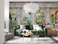 Vintage Archways and Tropical Birds Scenic Wallpaper Wall Mural