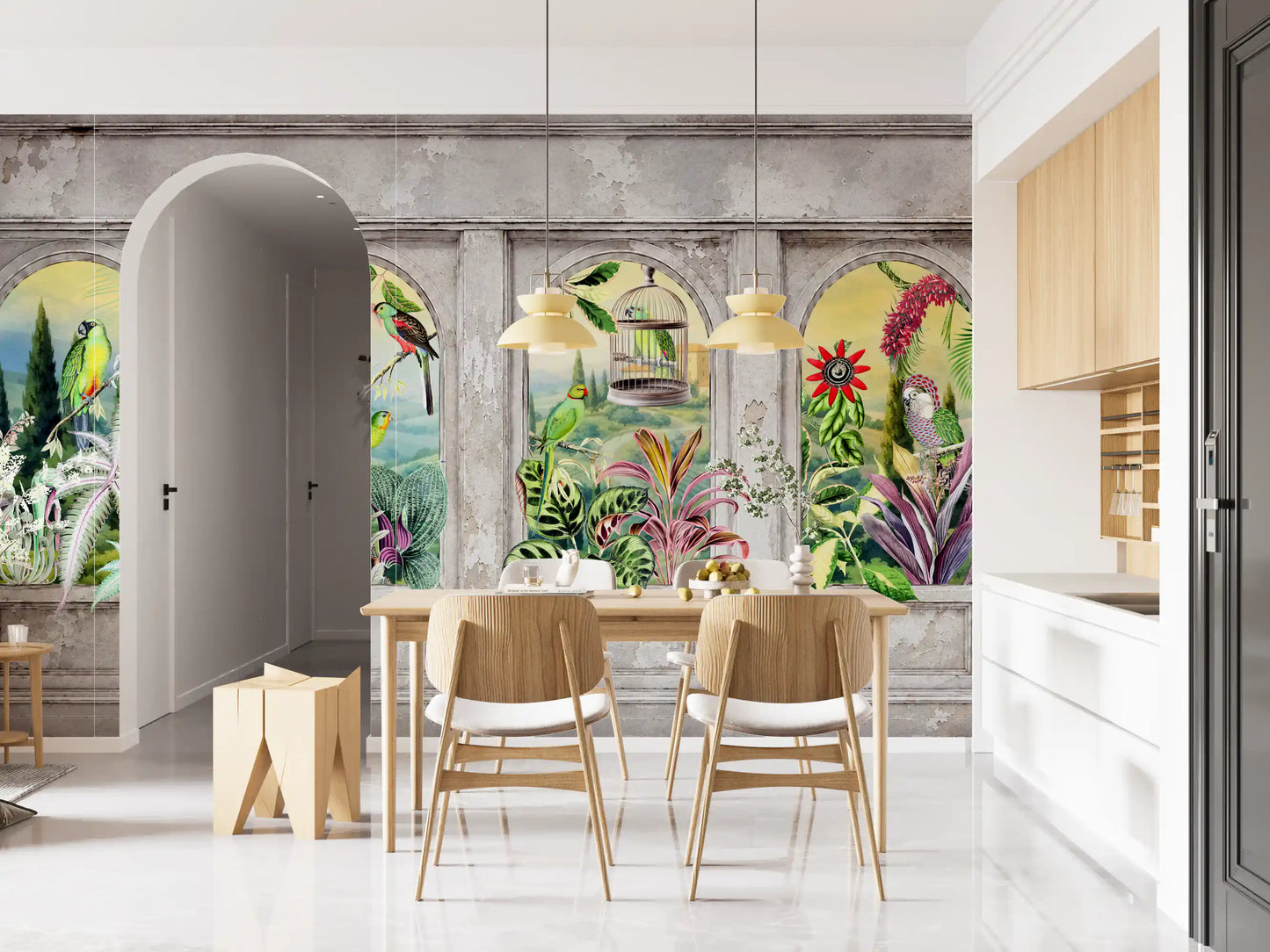 Vintage Archways and Tropical Birds Scenic Wallpaper Wall Mural