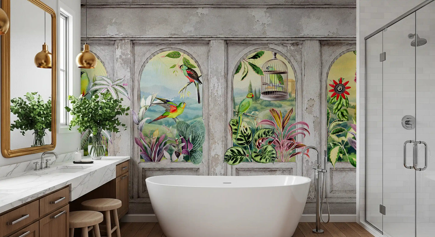 Vintage Archways and Tropical Birds Scenic Wallpaper Wall Mural