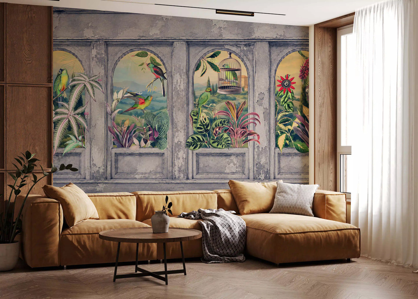 Vintage Archways and Tropical Birds Scenic Wallpaper 1 Wall Mural