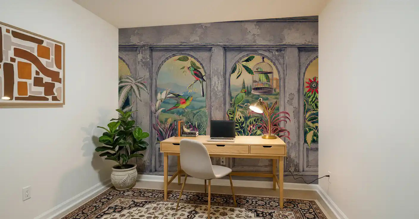 Vintage Archways and Tropical Birds Scenic Wallpaper 1 Wall Mural
