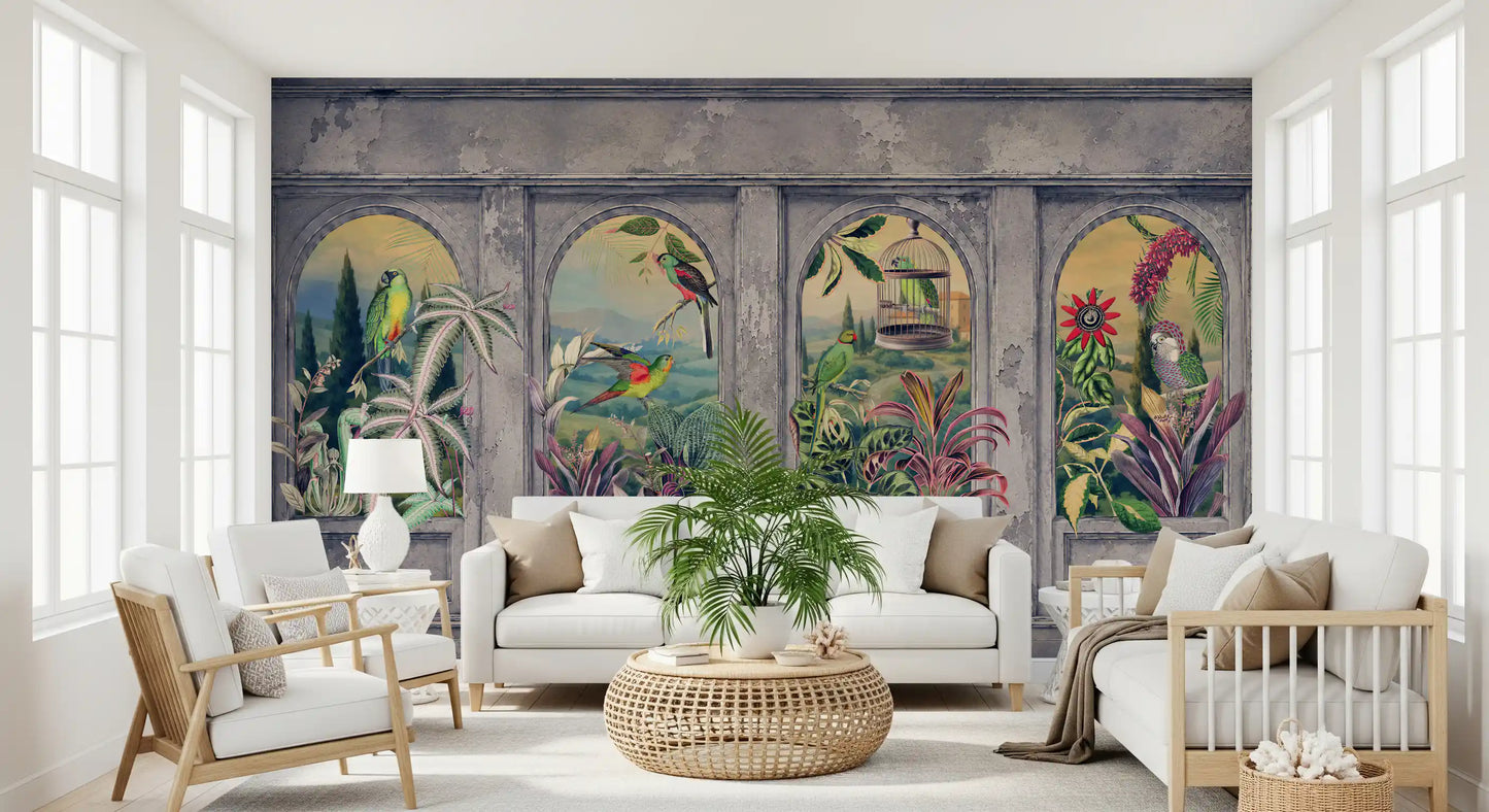 Vintage Archways and Tropical Birds Scenic Wallpaper 1 Wall Mural