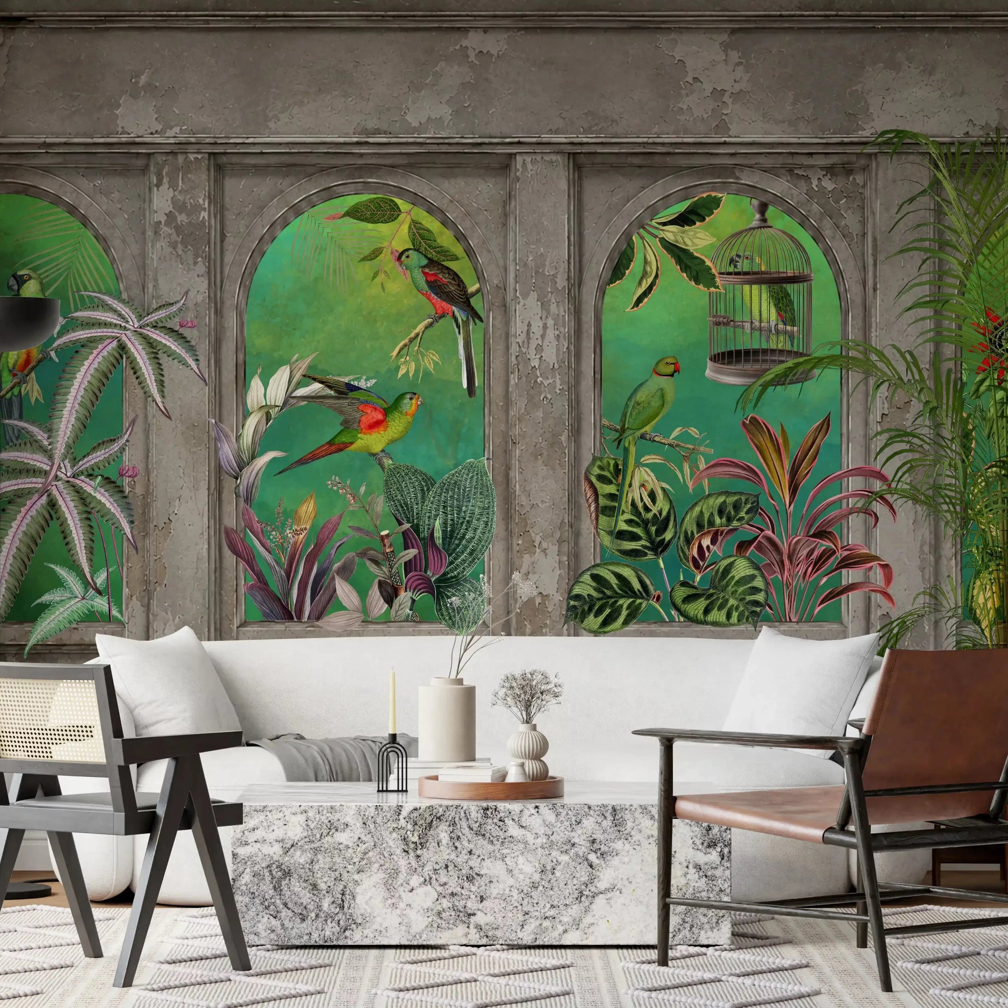 Vintage Tropical Arches wall mural styling a calm living room, GD10796