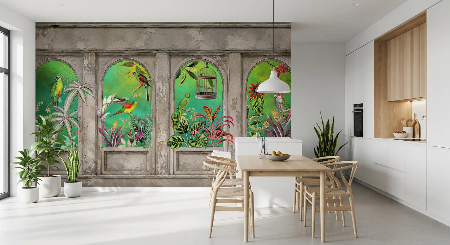 Vintage Archways Tropical Birds Wall Mural Wall Mural