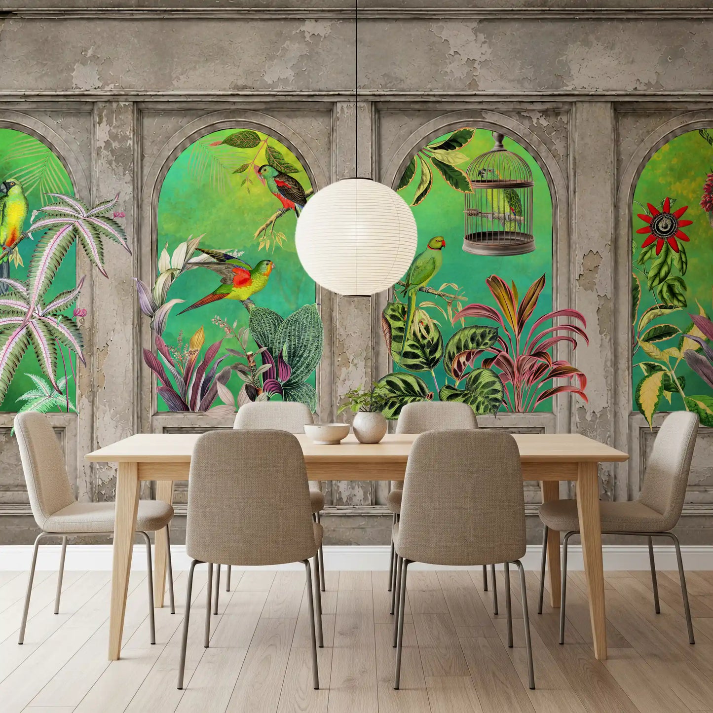 Vintage Archways Tropical Birds Wall Mural Wall Mural