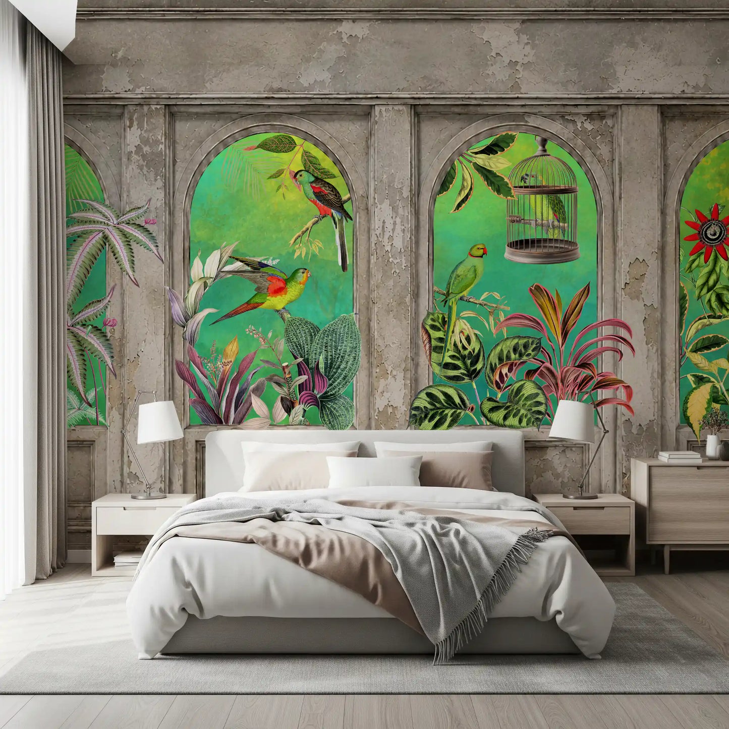 Vintage Archways Tropical Birds Wall Mural Wall Mural