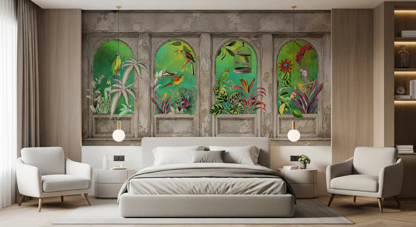 Vintage Archways Tropical Birds Wall Mural Wall Mural