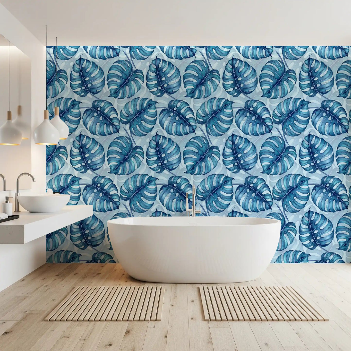 Monstera watercolor in blue Wallpaper⁠