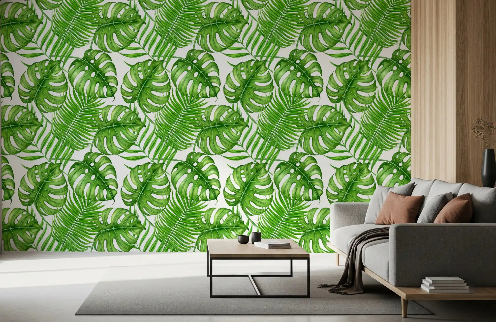 Green monstera foliage fills a living room in Tropical Leaves wallpaper, GD10803