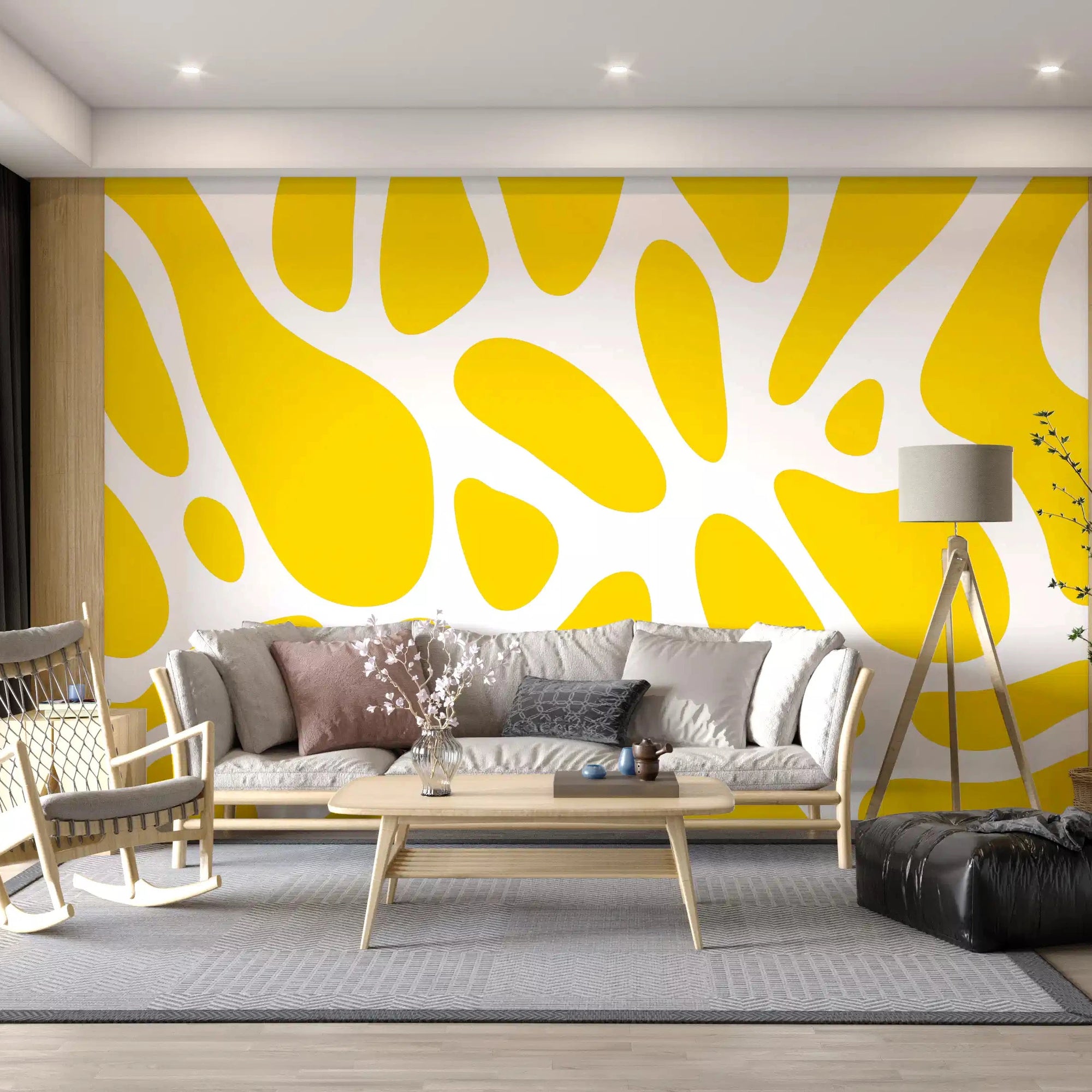 Yellow organic shapes give a living room a sunny Sunlit Flow wall mural GD10807
