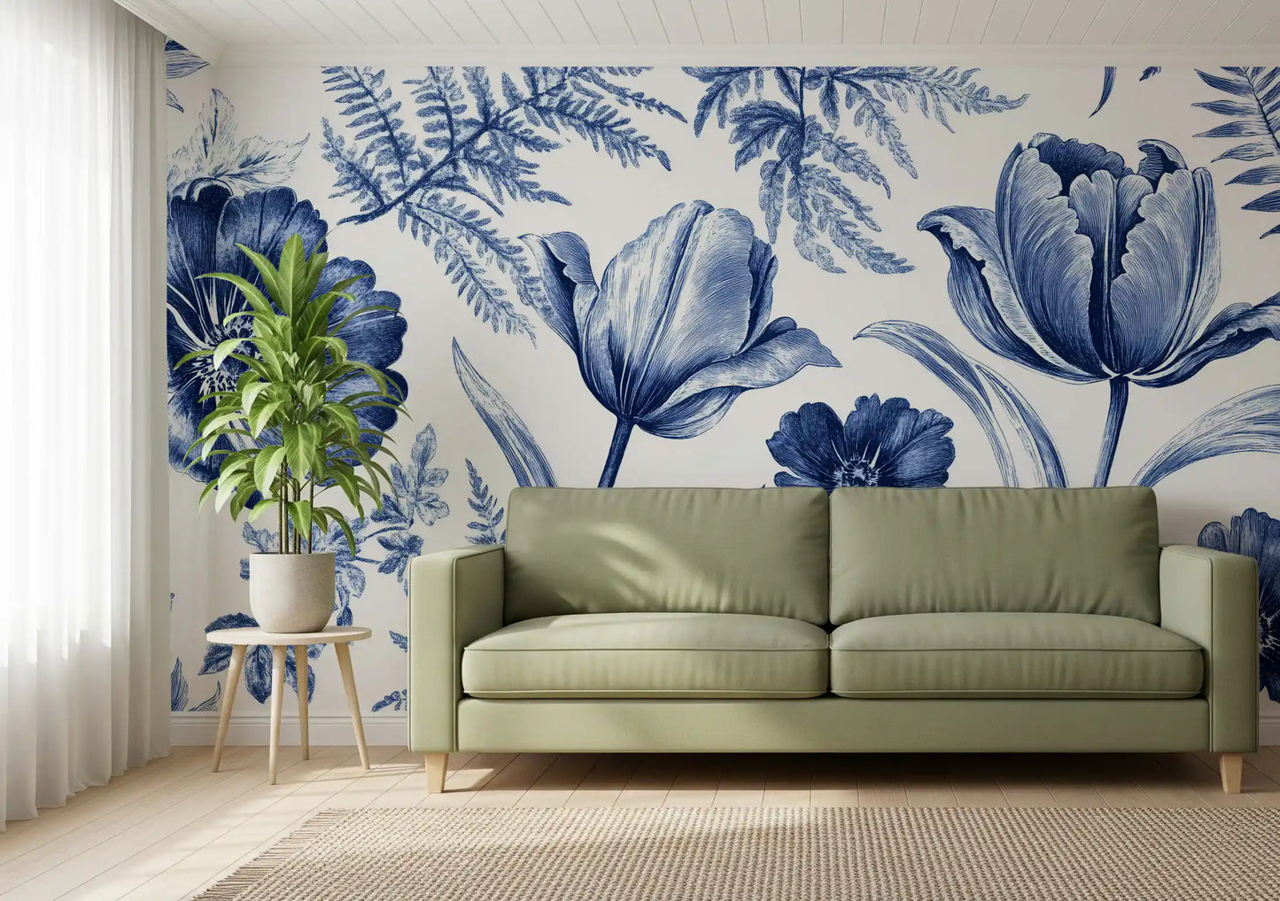 Vintage Indigo Tulip and Fern Botanical Wall Mural