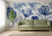 Vintage Indigo Tulip and Fern Botanical Wall Mural