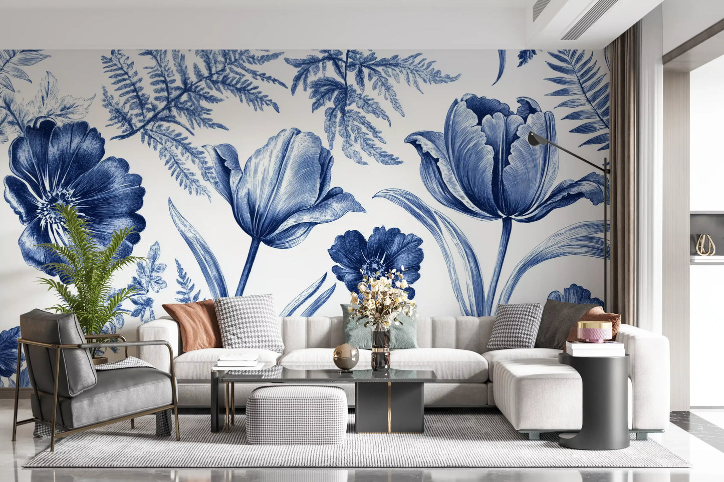Vintage Indigo Tulip and Fern Botanical Wall Mural
