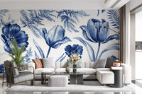 Vintage Indigo Tulip and Fern Botanical Wall Mural