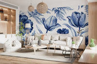 Vintage Indigo Tulip and Fern Botanical Wall Mural