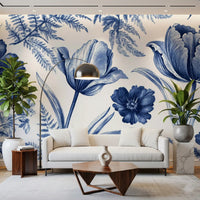 Vintage Indigo Tulip and Fern Botanical Wall Mural